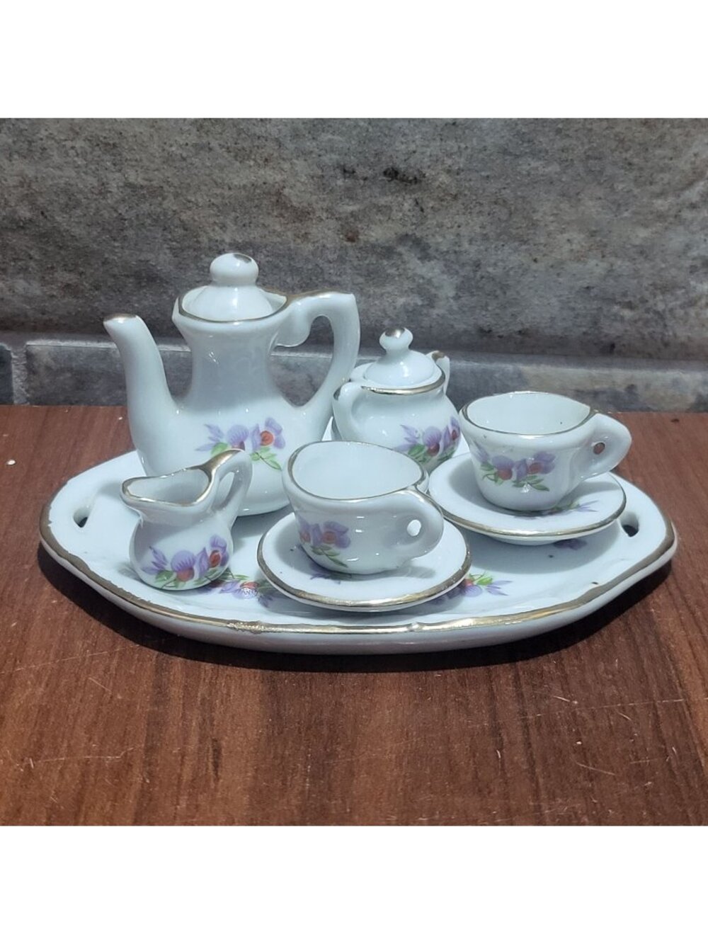 Vintage 10 Piece Miniature Purple & White Flowers Tea Set With Gold Rims